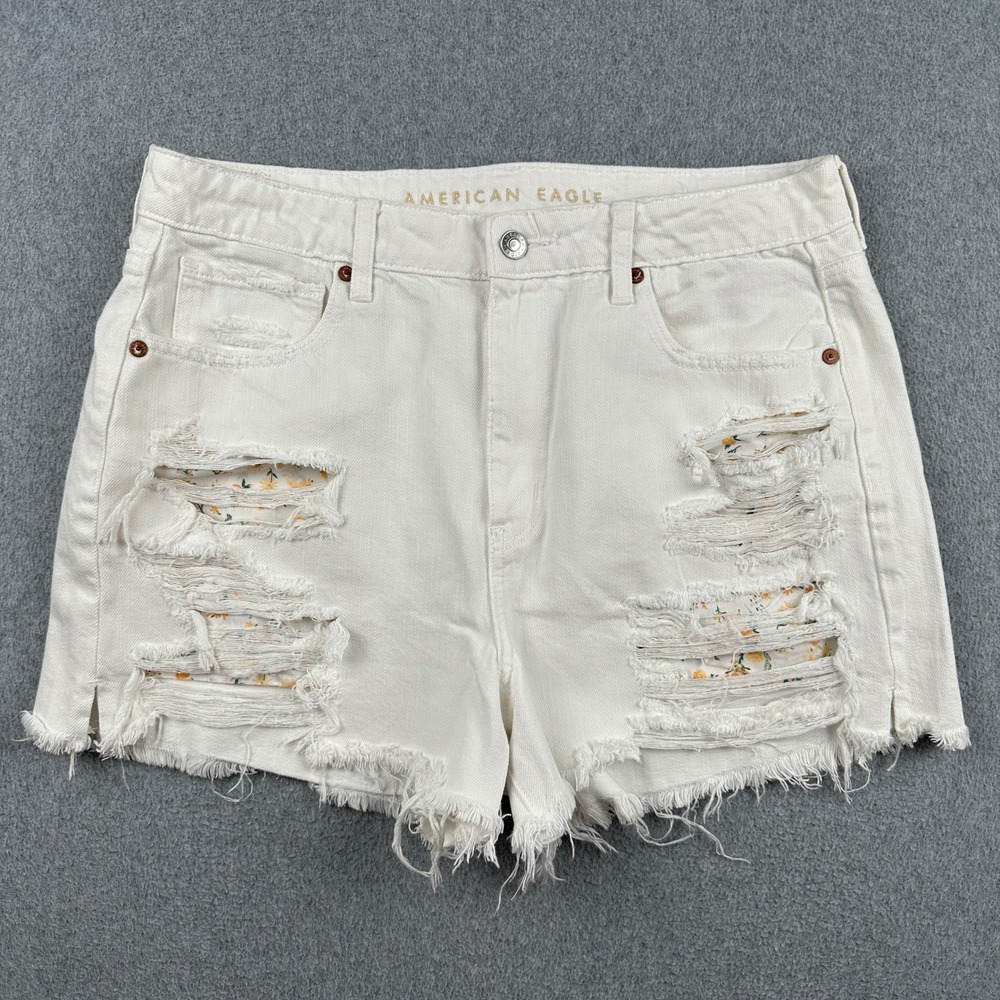 American Eagle Shorts Womens 12 Mom Short White Distressed Floral Denim